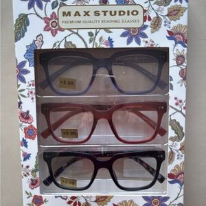 Max Studio Square Matte Reading Glasses Trio Blue, Brown, Black